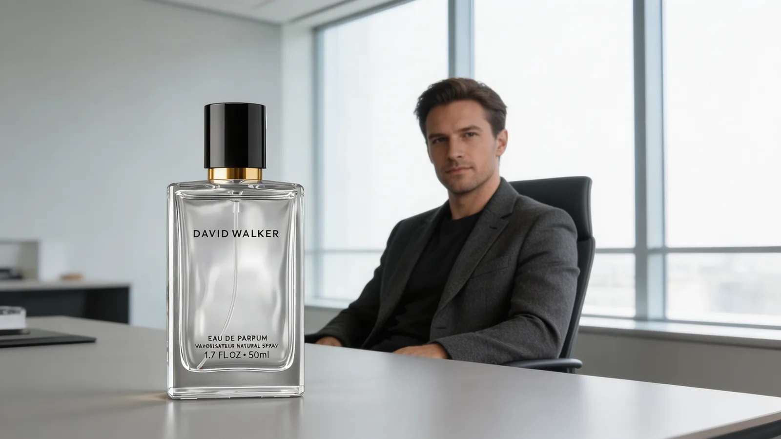 Editorial office fragrance scene with a suited man and a perfume bottle on a desk.